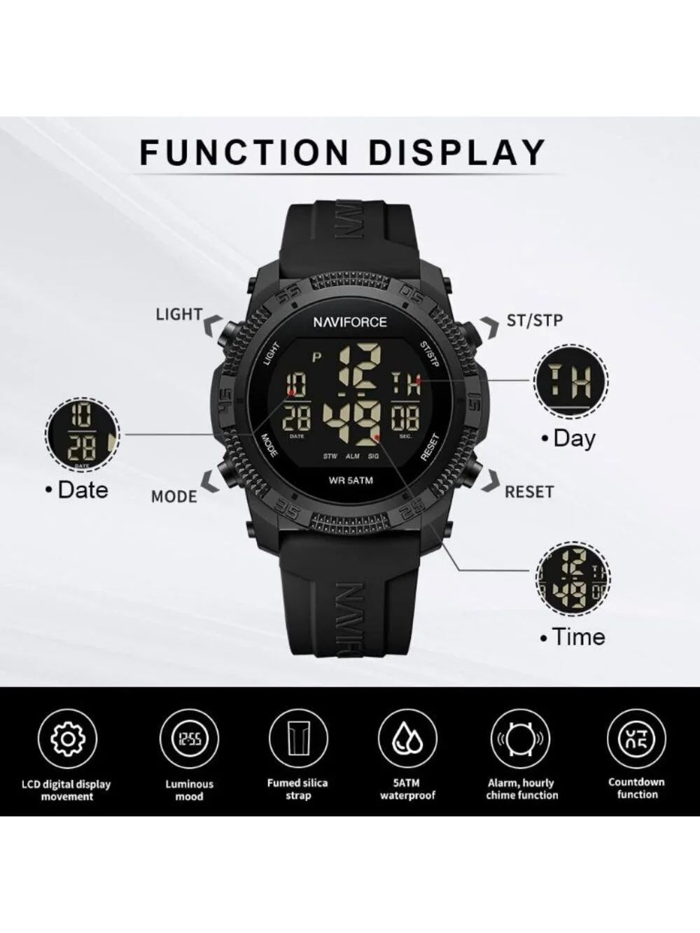 Unisex Black Analog Quartz Rubber Strap Sports Waterproof Digital Wrist Watch